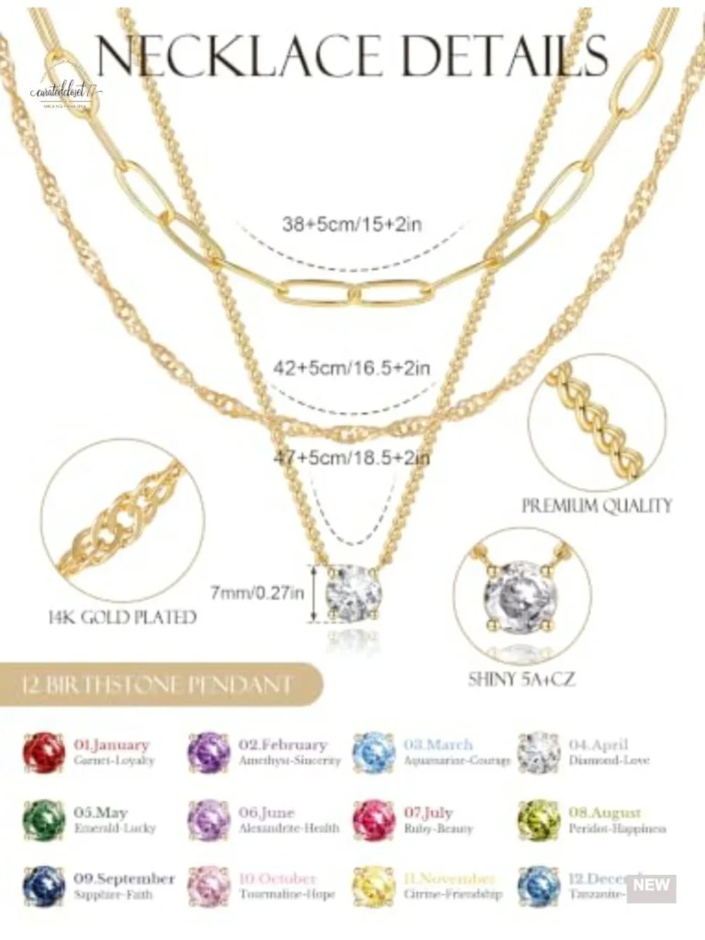 14K Gold Plated Layered Necklace Set, 3-Piece with CZ Pendant, Paperclip